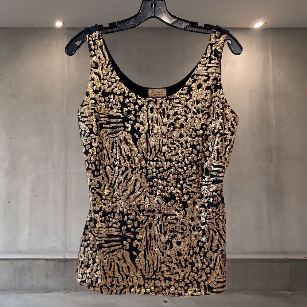 Boutique Essentials Elegant Black & Gold Sequin Sleeveless Evening Top – Size M